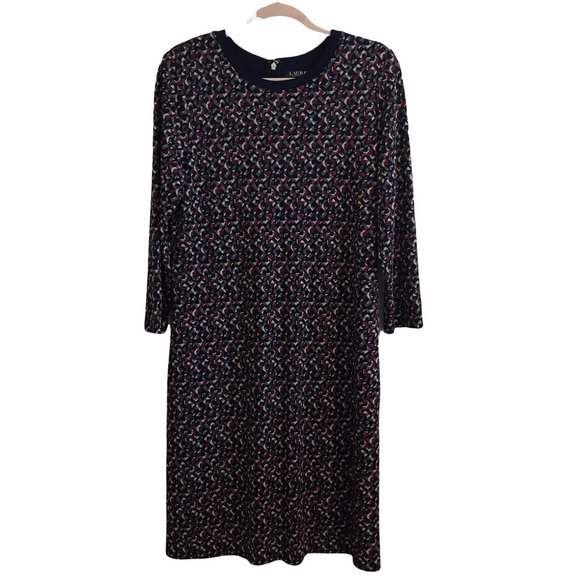 Lauren Ralph Lauren Navy Blue Abstract Geometric Long Sleeve Shift Career Dress - Picture 1 of 8